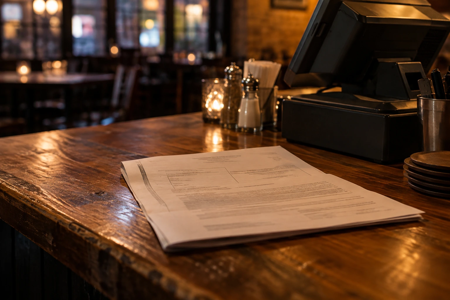 Legal papers on a restaurant counter