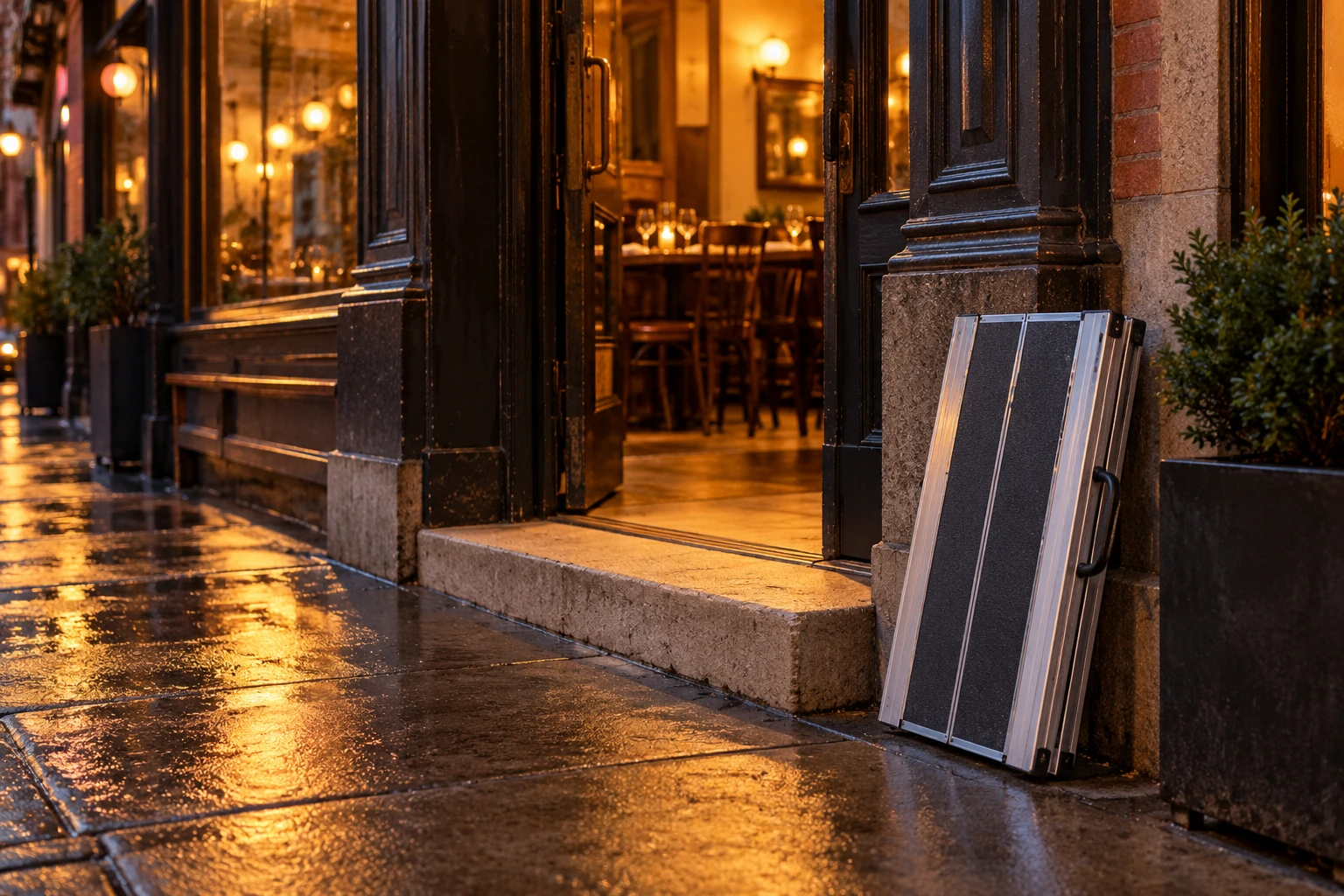 Restaurant entrance with a step and a portable ramp