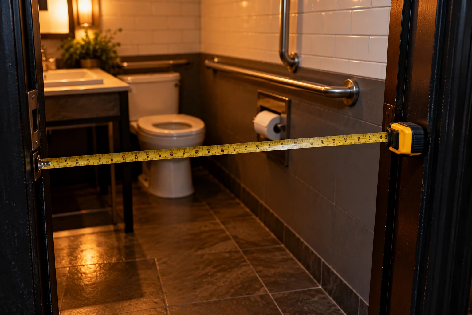 Tape measure across a restroom doorway
