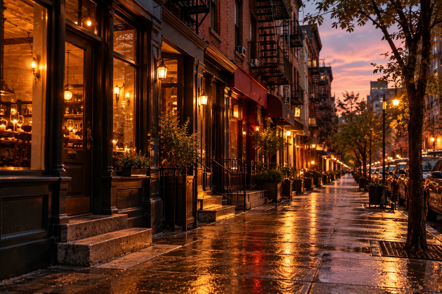 East Village storefronts at dusk