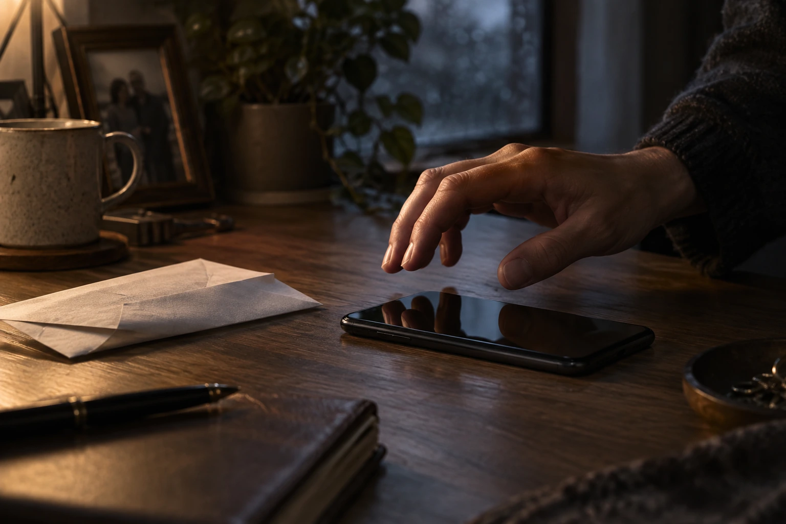 A hand hovering over a phone beside a folded letter on a desk