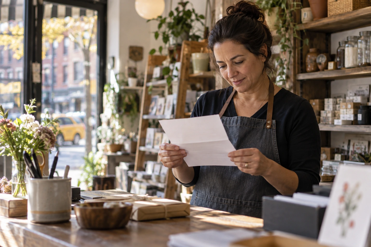 Shop owner reading a letter at the counter of a small New York store