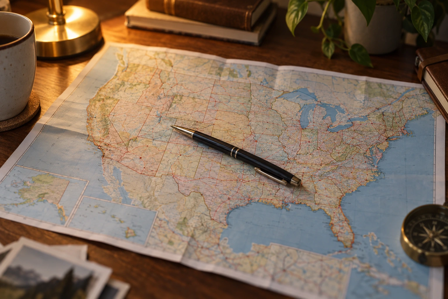 Map of the United States on a desk with a pen between California and New York
