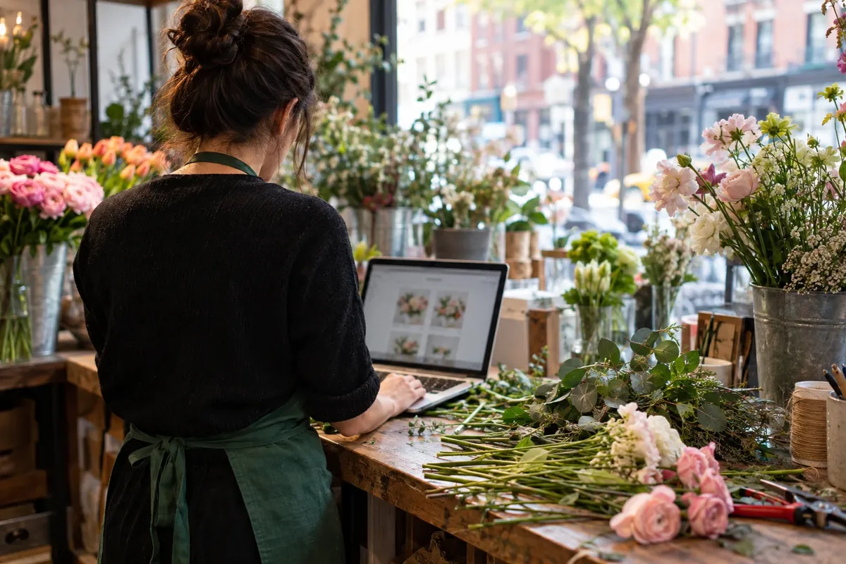 Florist checking her online store on a laptop at the workbench