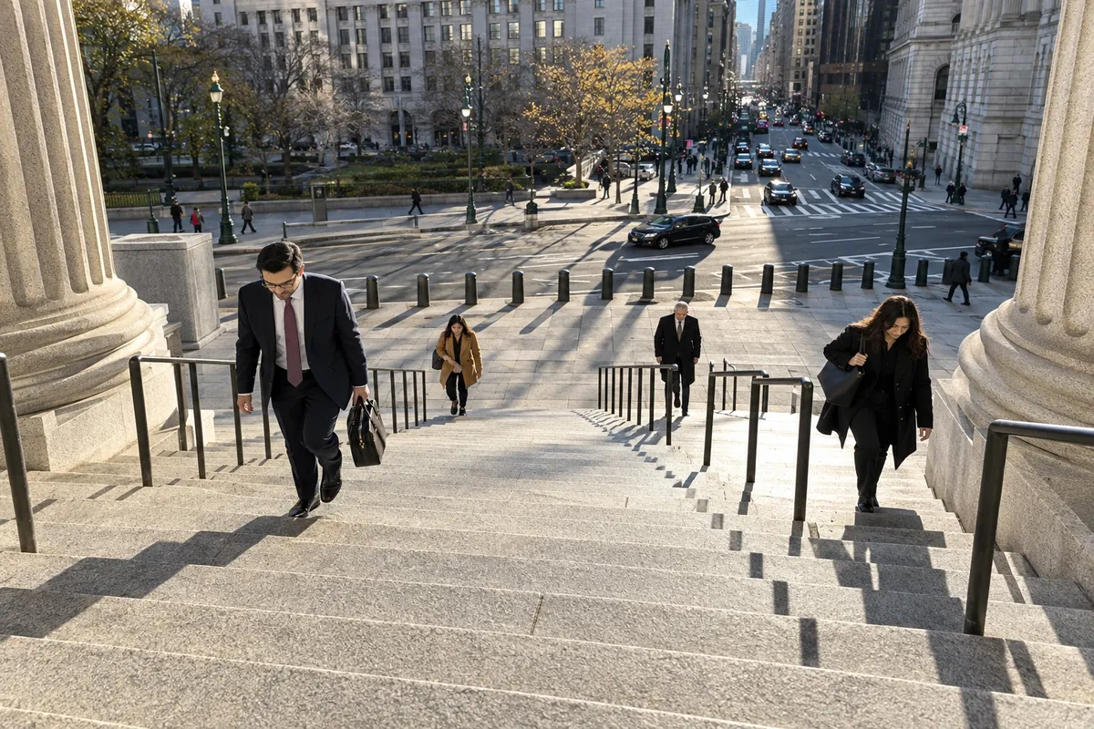 People climbing the courthouse steps at 60 Centre Street
