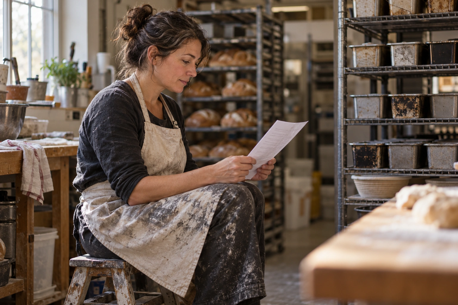 Bakery owner reading a letter in the back of her shop