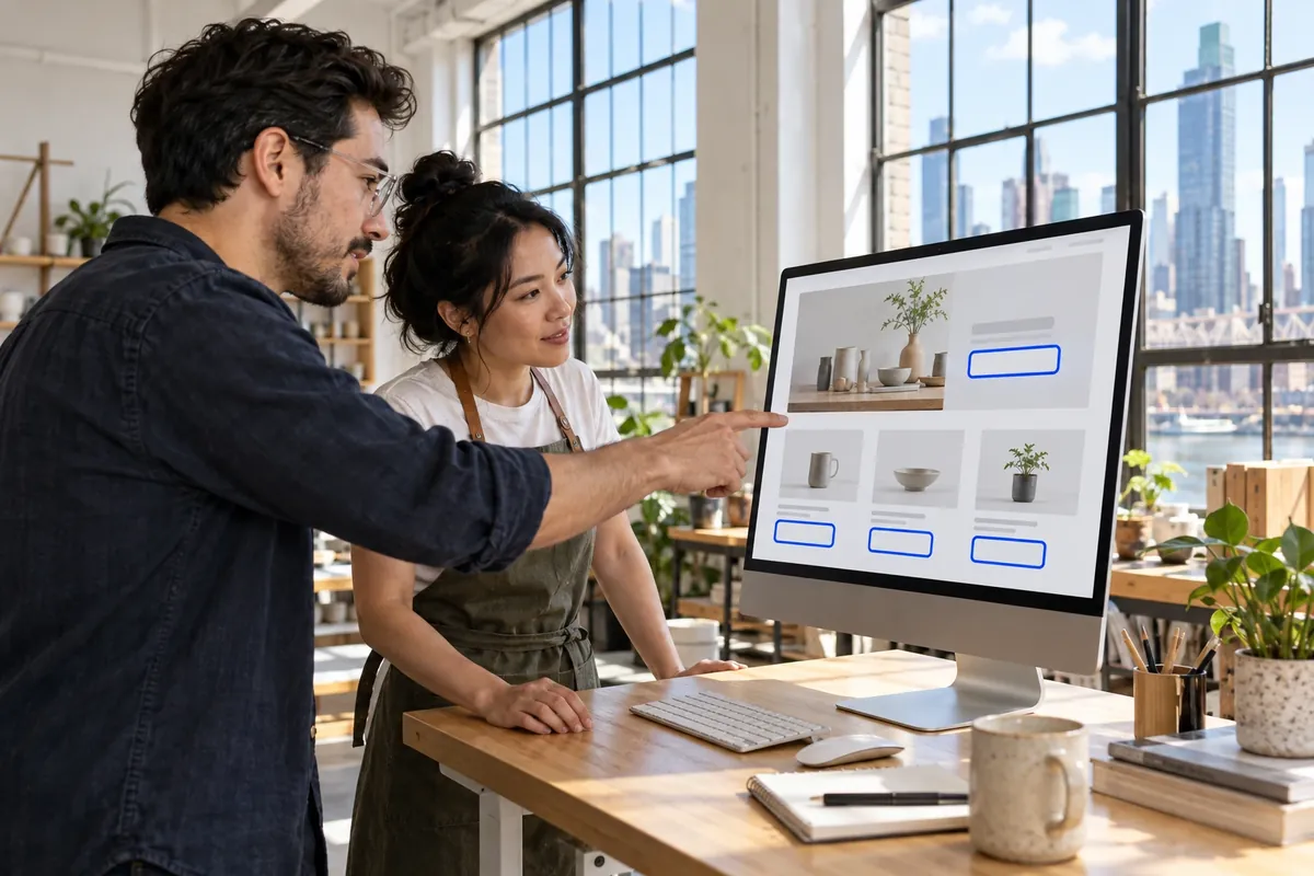Developer and shop owner reviewing a website together