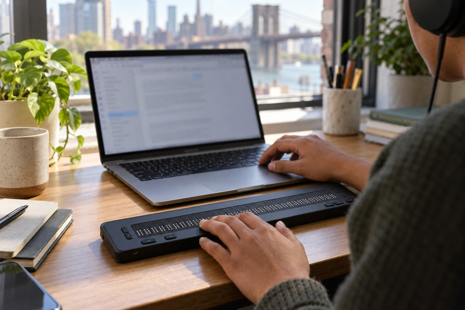 Hands on a braille display and laptop keyboard