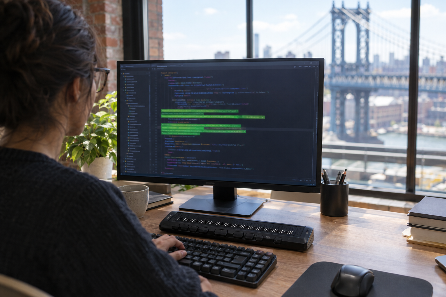 Developer's screen showing new code beside a braille display