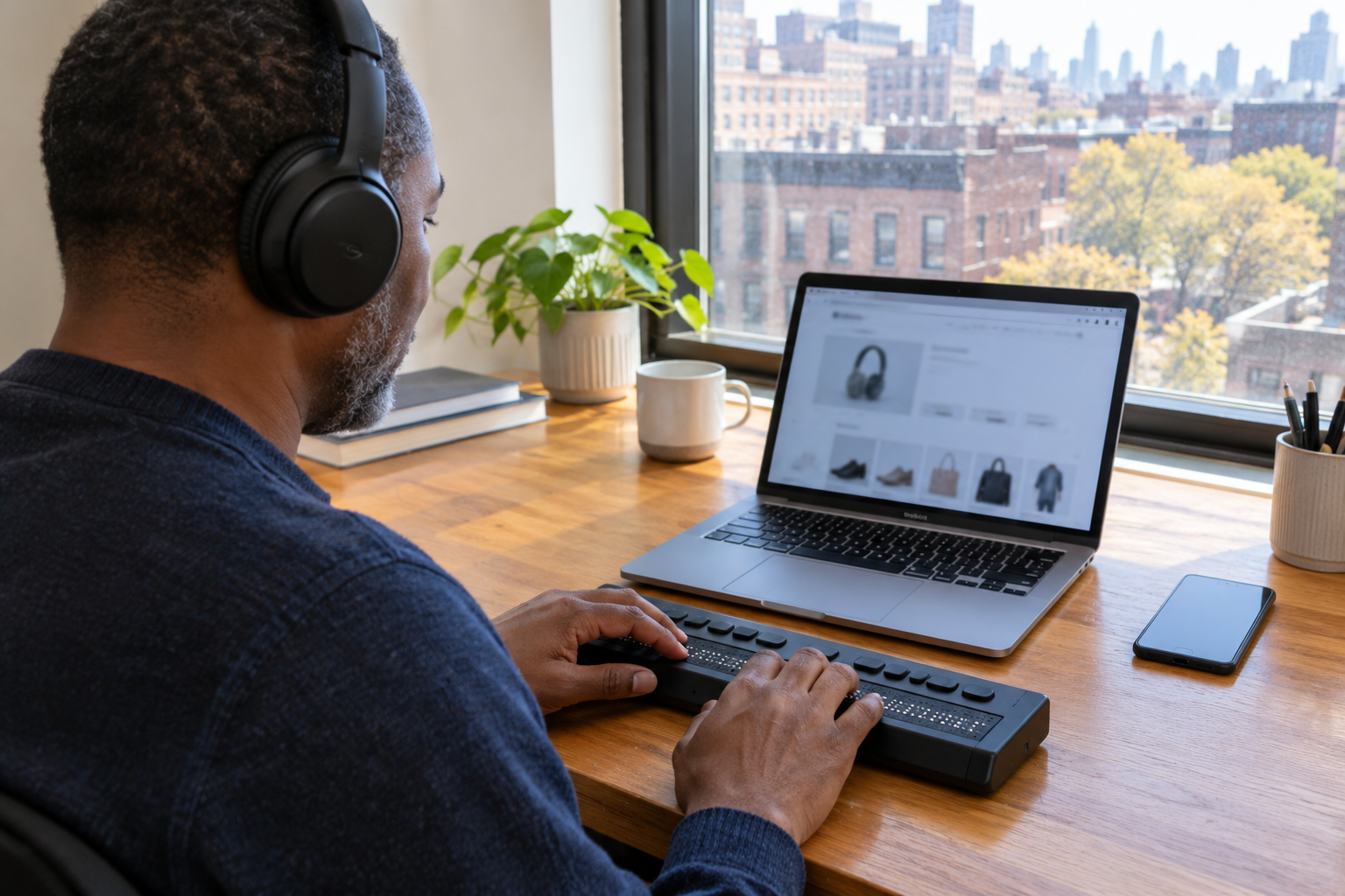 Blind man shopping online with a braille display and headphones