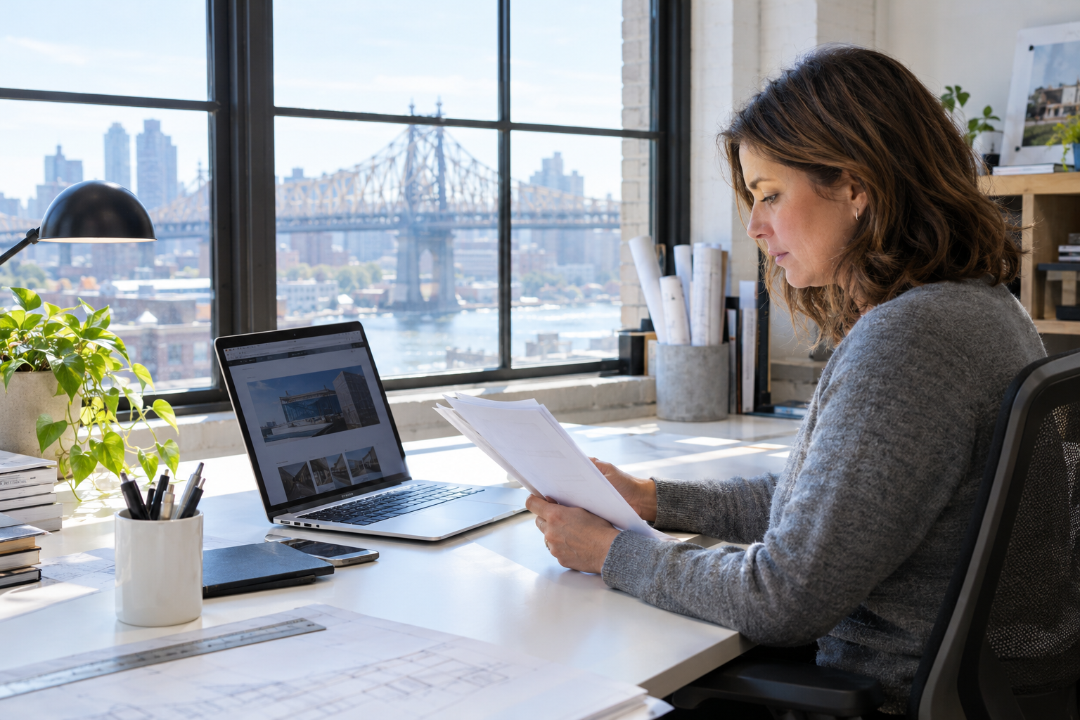 Small office owner comparing a printed page with her company website
