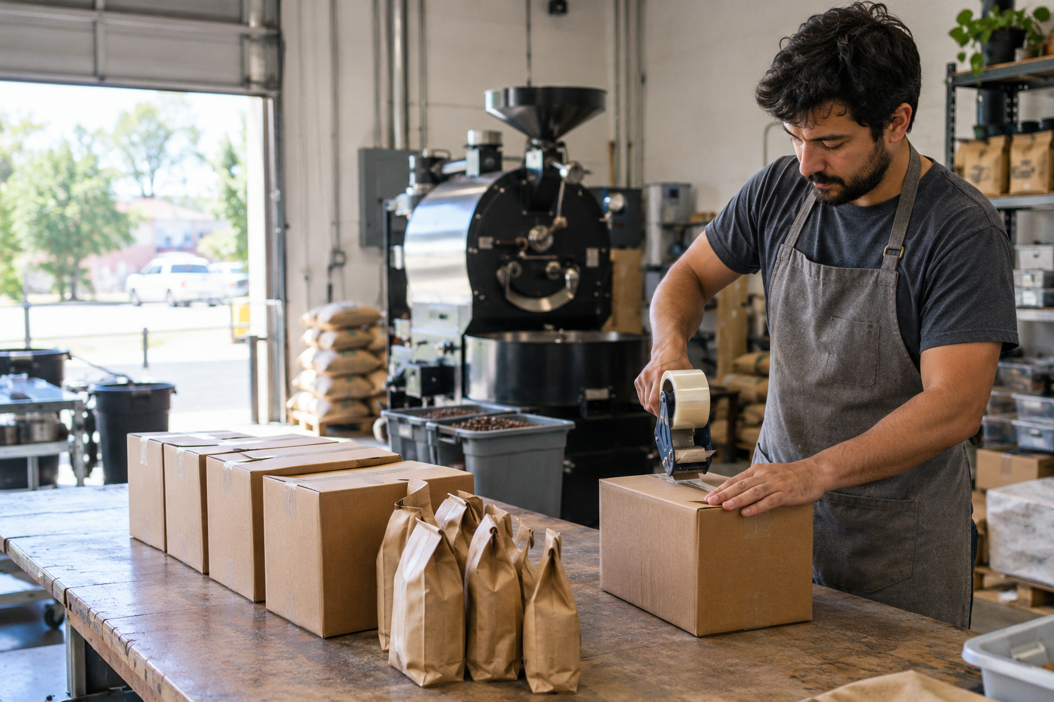 Coffee roaster owner packing online orders for shipping
