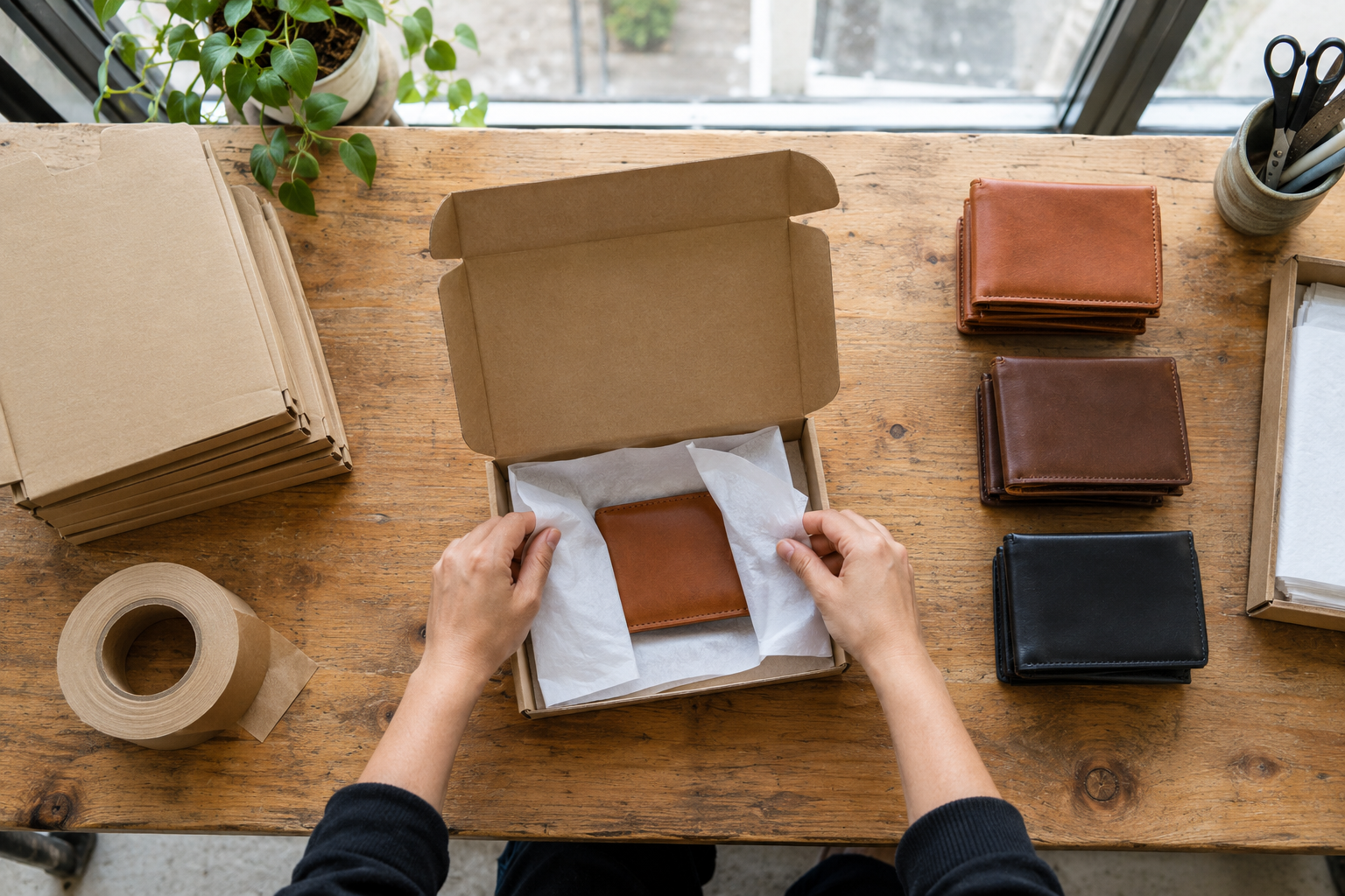 Leather wallet being wrapped for shipping on a packing table