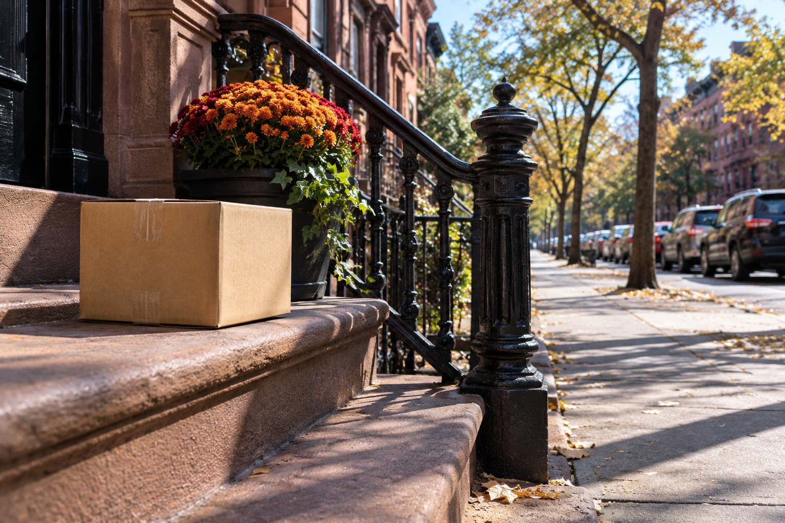 Delivery box waiting on a brownstone stoop in Harlem