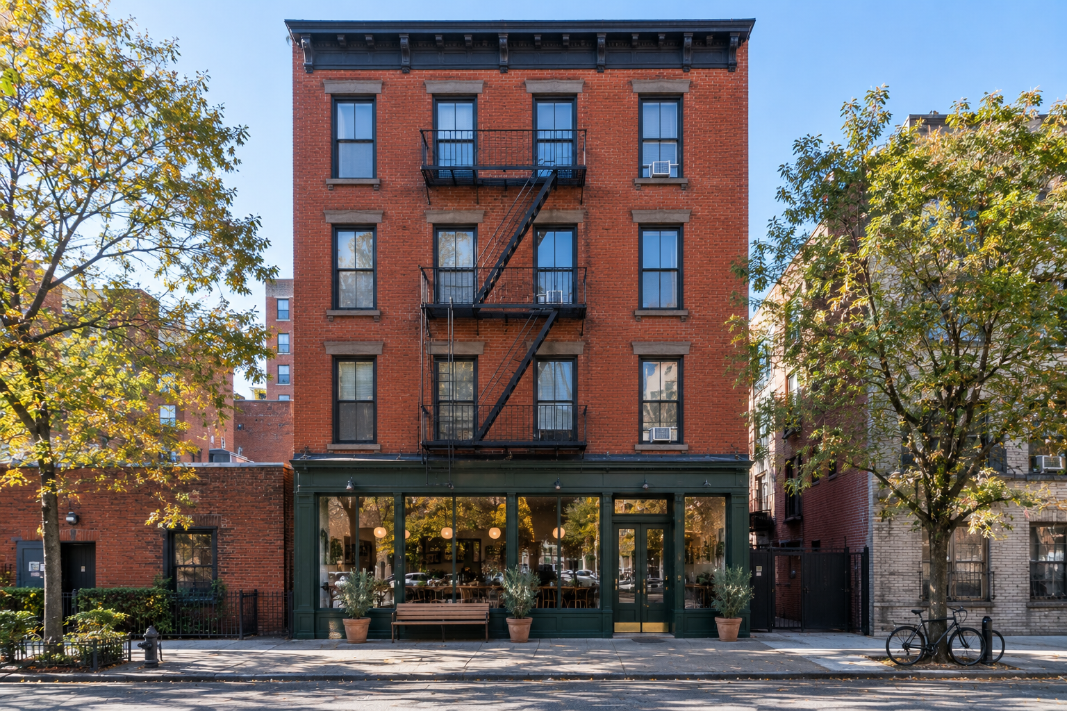 Brick walk-up building with a small café on the ground floor