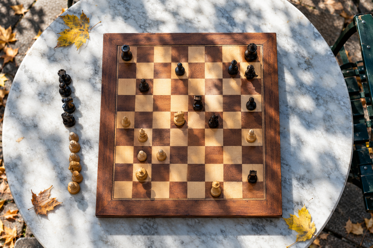 Chess game in progress on a sunny table, seen from above