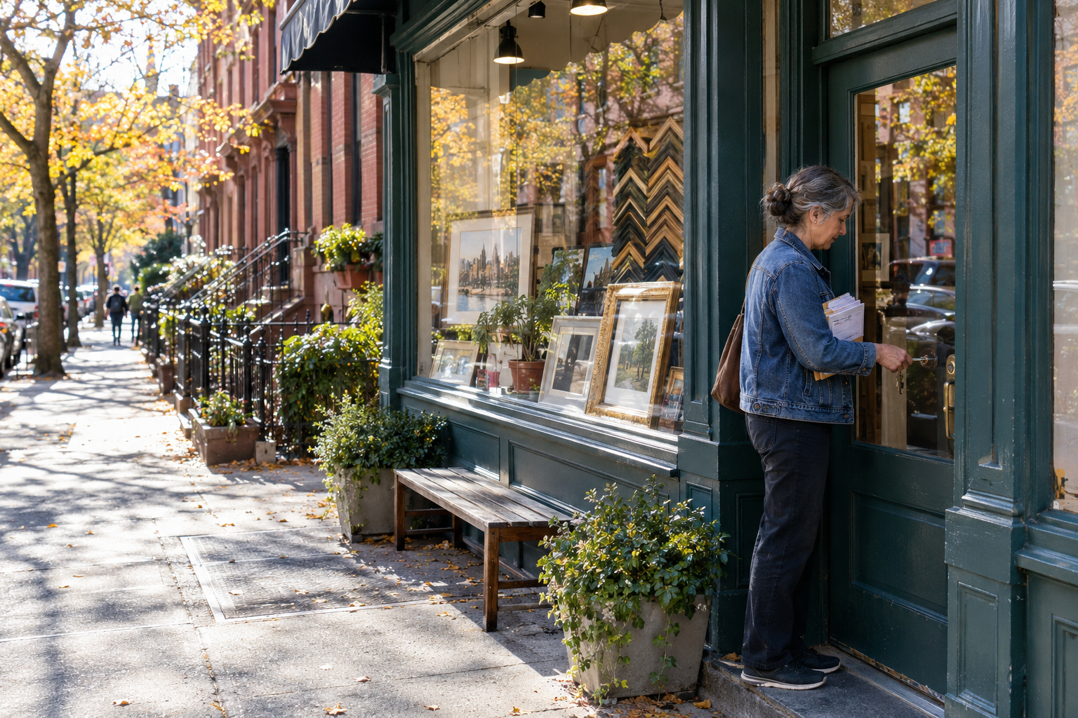 Frame shop owner unlocking her Brooklyn storefront with the morning mail
