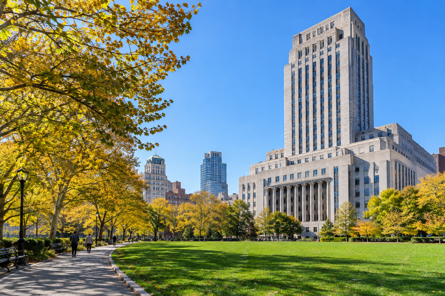 Federal courthouse in Brooklyn seen across Cadman Plaza on a sunny day