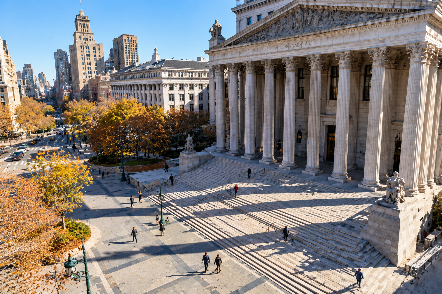 Wide view of the New York County courthouse steps on a sunny day