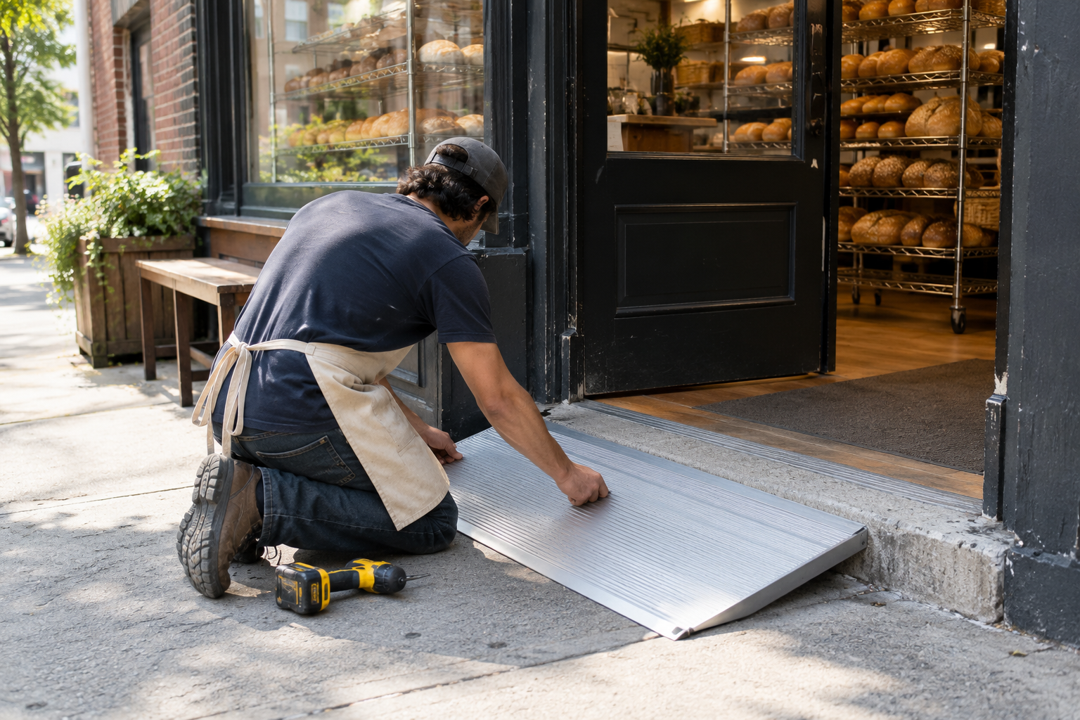 Worker fitting a small ramp at a bakery entrance in Brooklyn
