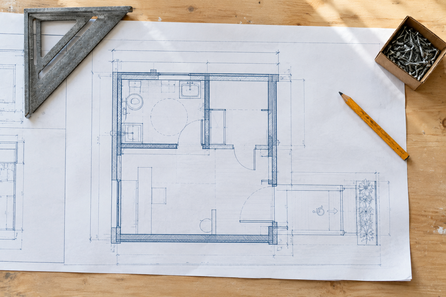 Architectural floor plans for a small restroom on a work table