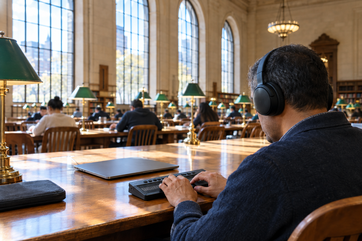 Man using a braille display and headphones at a public library table