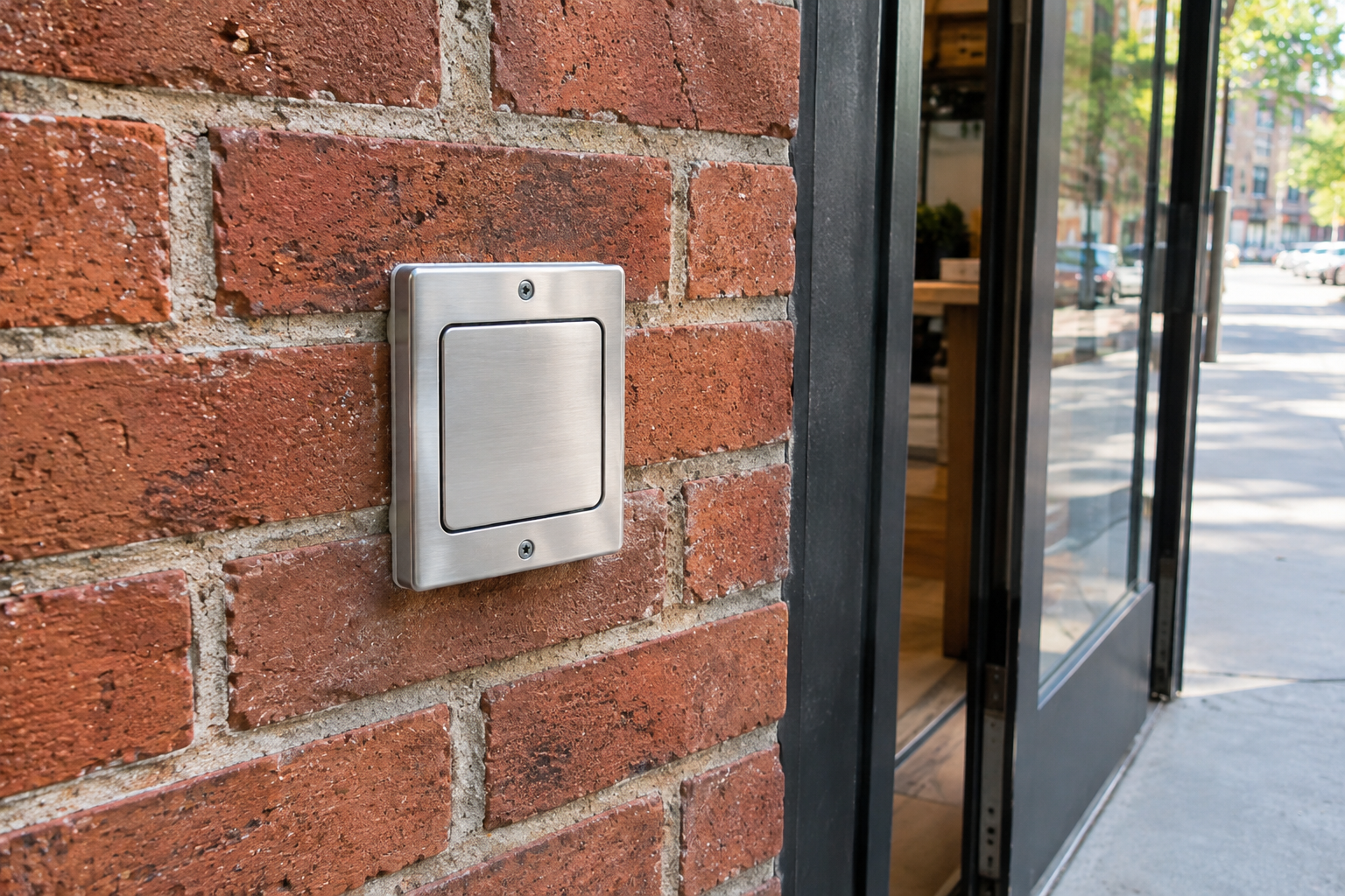 Push-button automatic door opener beside a shop entrance