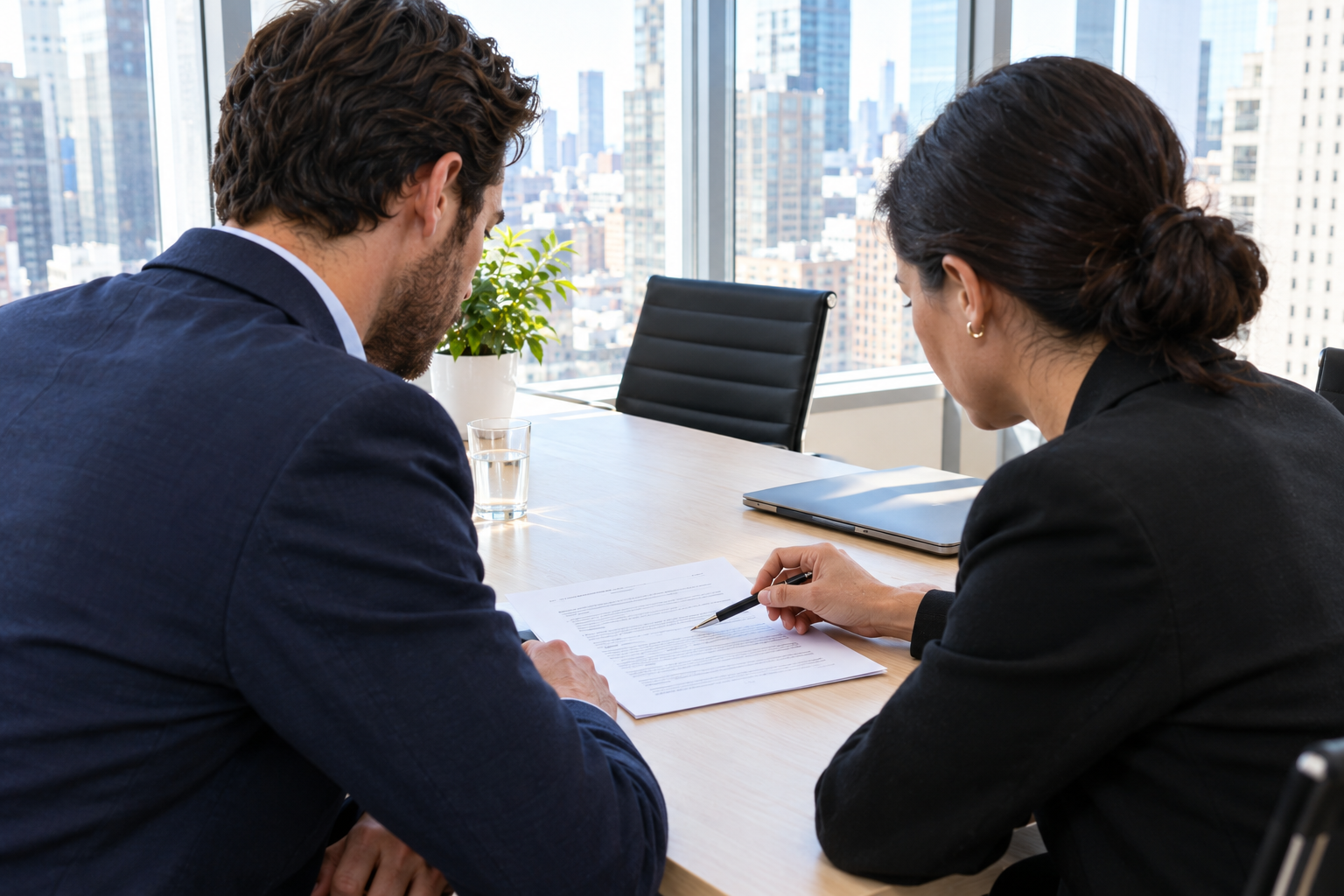 Business owner and lawyer reviewing a letter together at a bright table