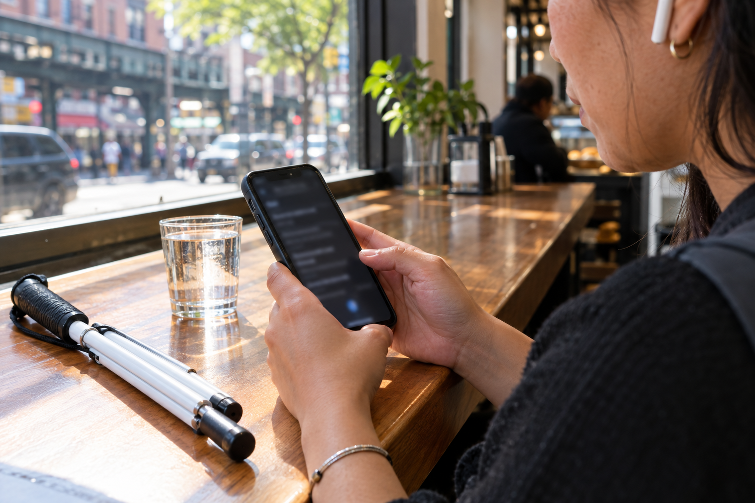 Blind woman using a screen reader on her phone at a café counter
