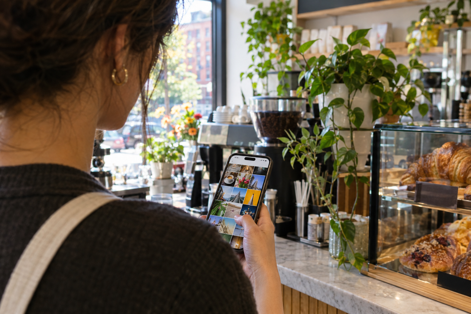 Café owner scrolling her shop's social media grid on a phone