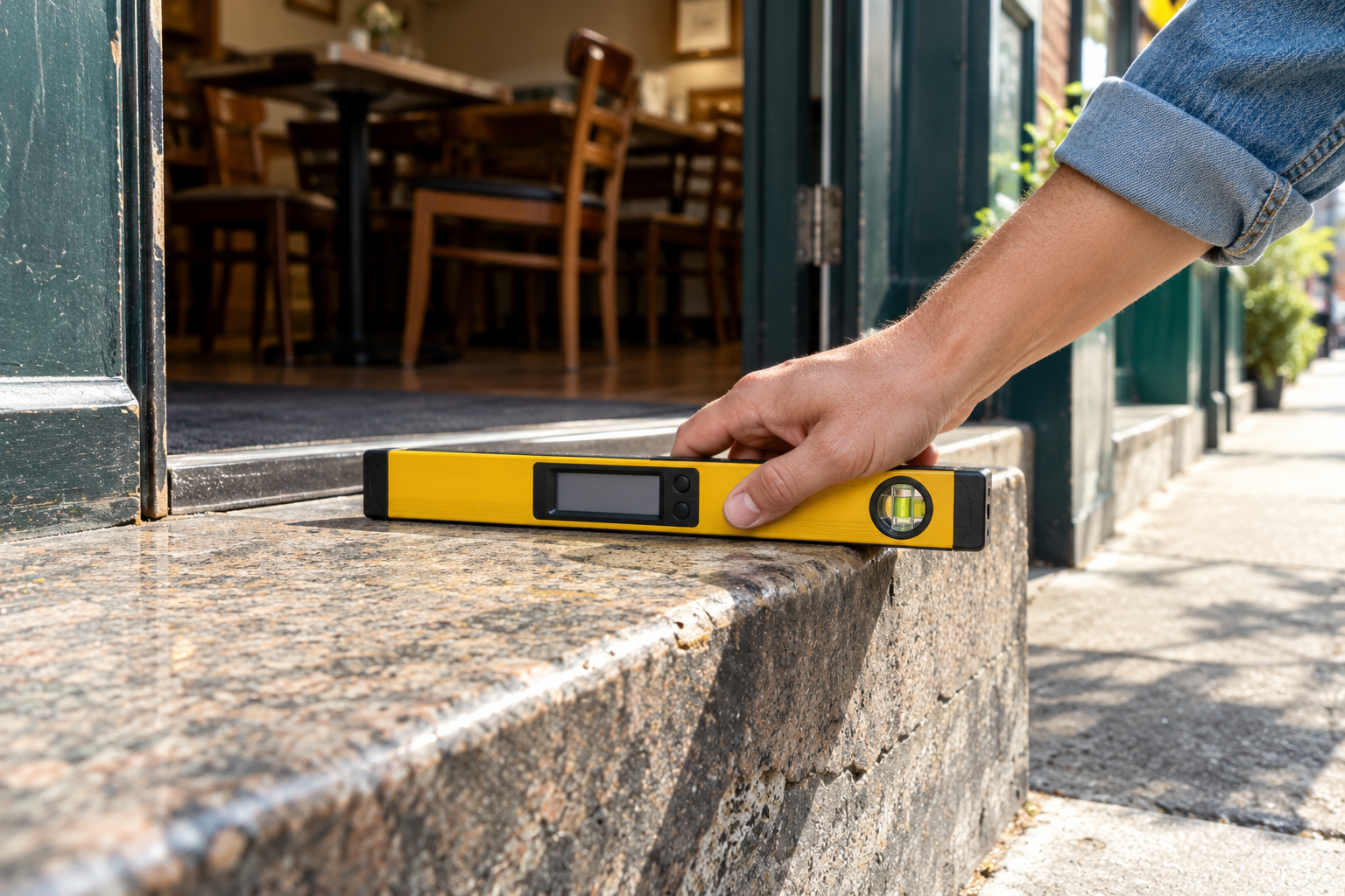 Inspector's digital level resting on a restaurant's front step