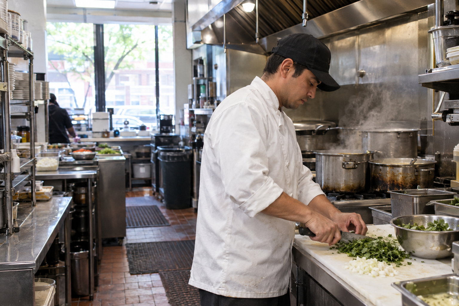 Line cook prepping vegetables in a bright Jackson Heights restaurant kitchen