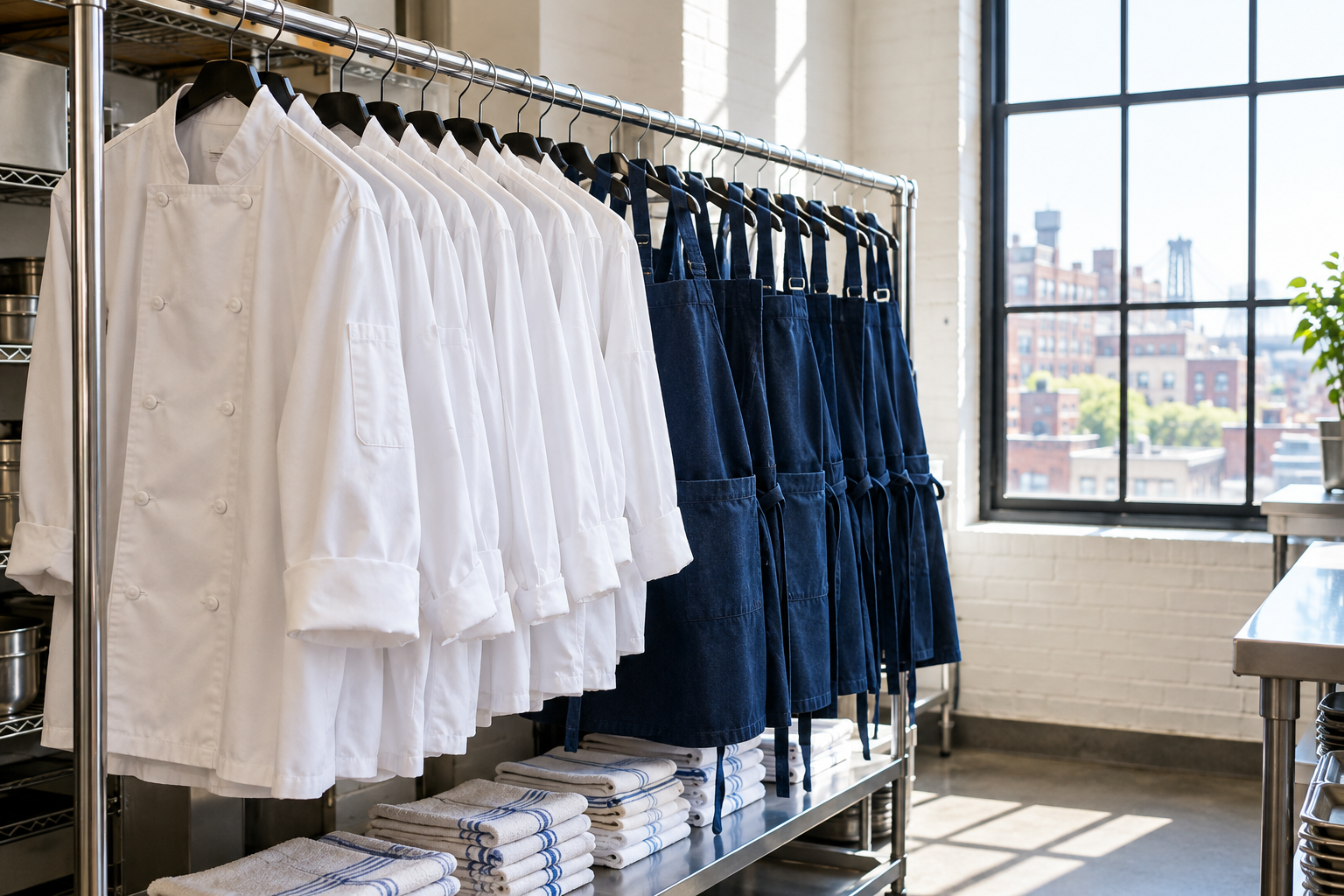 Row of freshly laundered chef jackets and aprons hanging on a rack
