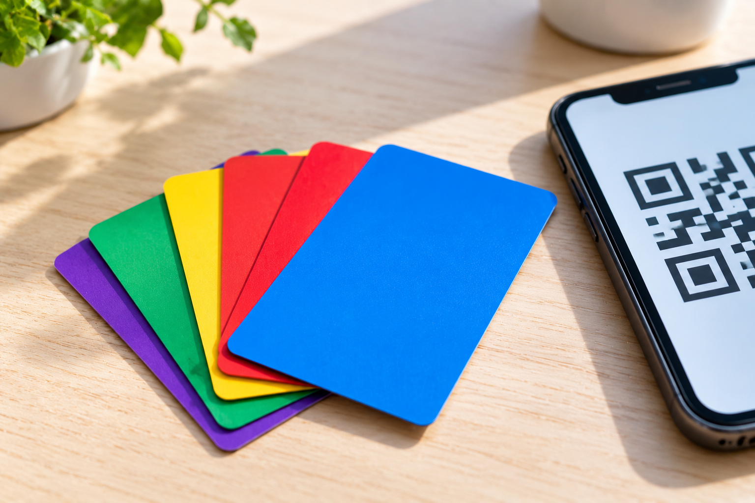 Blank gift cards fanned beside a phone showing a payment code
