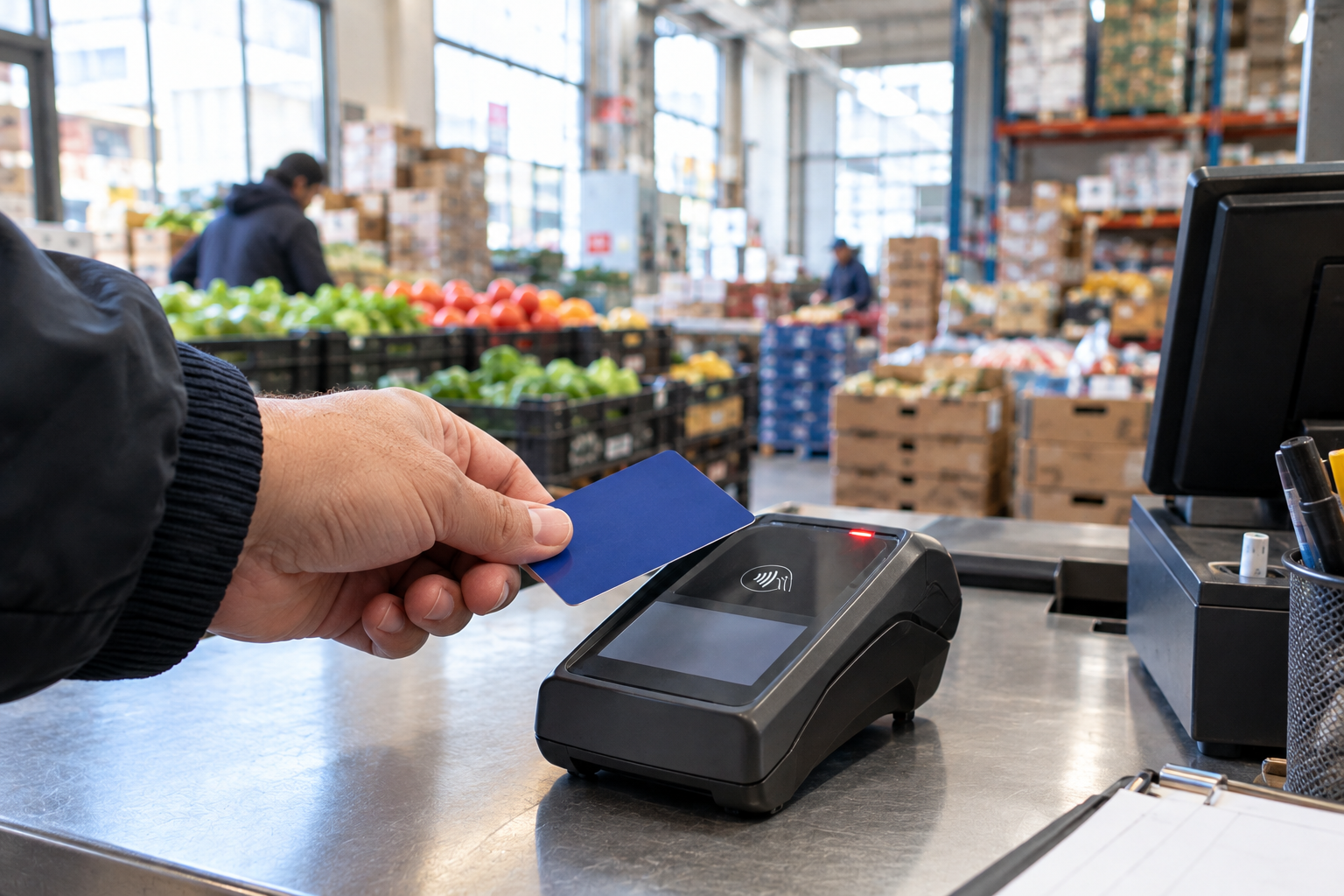 Business owner's card at a supplier's card reader showing a red light