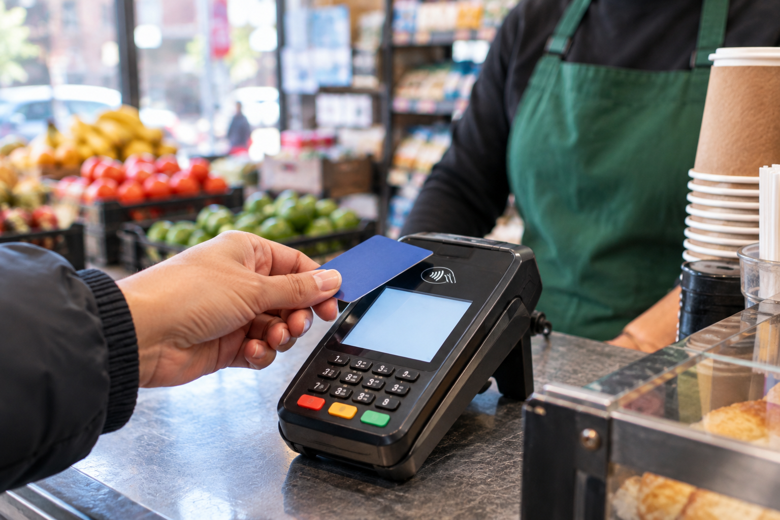 Customer tapping a card on a payment terminal at a Queens deli counter