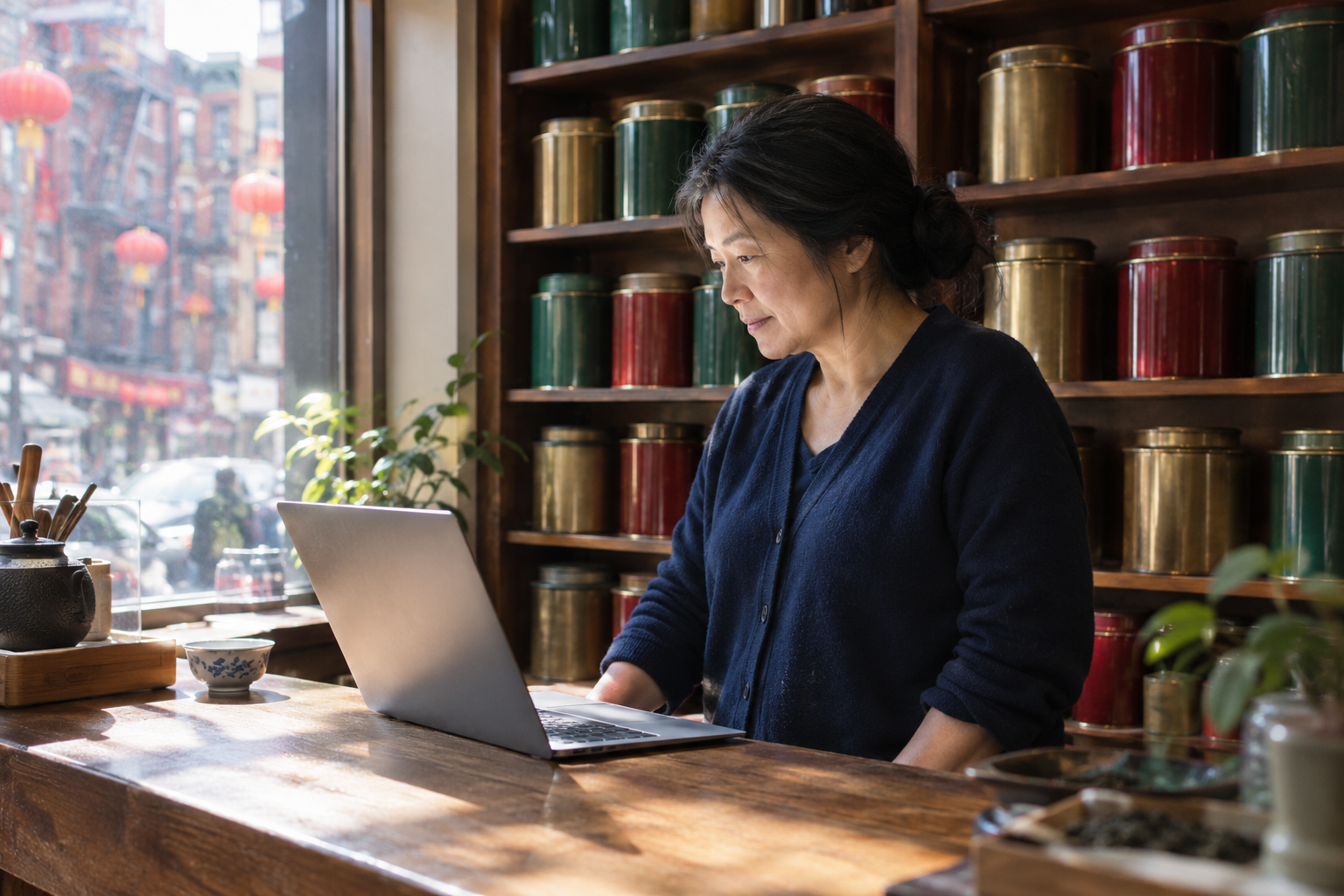 Tea shop owner in Chinatown looking at a laptop at her counter