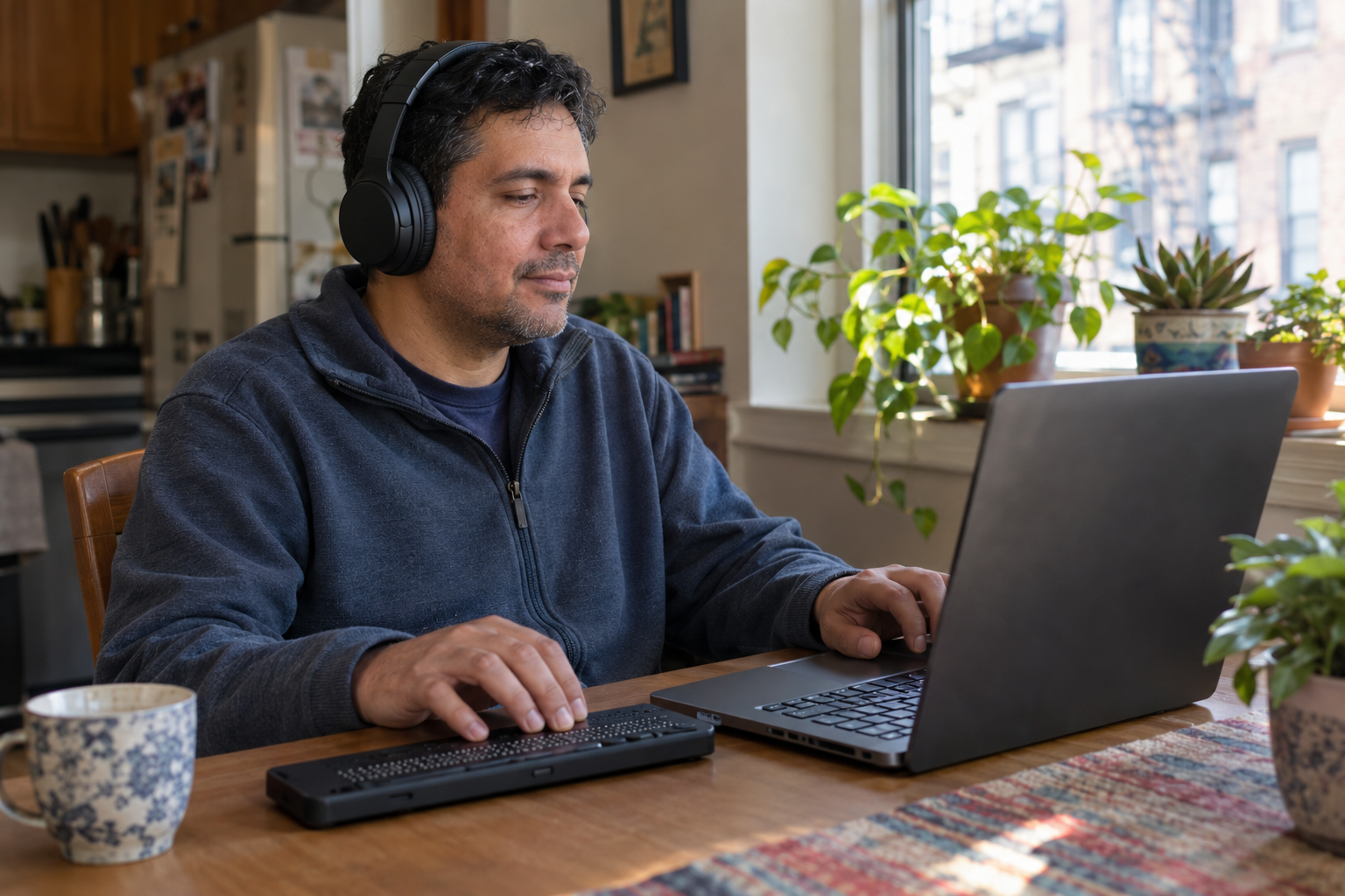 Blind shopper using a screen reader and braille display at home
