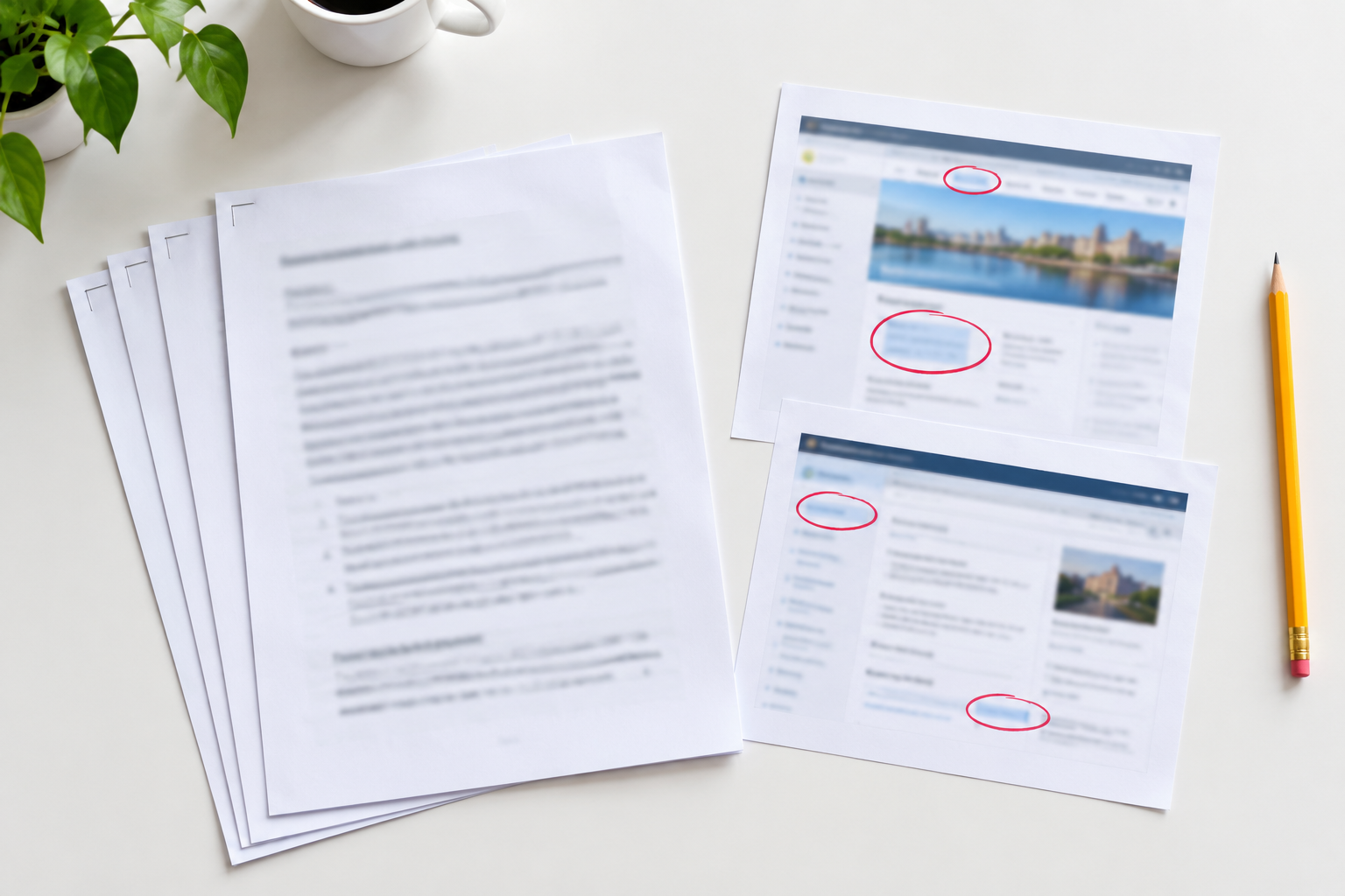 Stapled letter beside printed web page screenshots marked with red circles