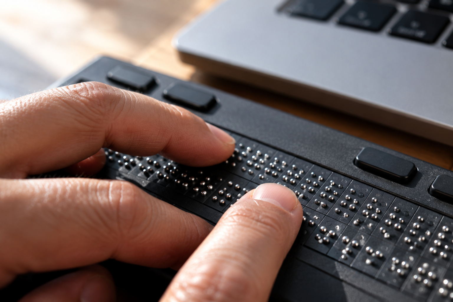Fingertips reading the pins of a refreshable braille display