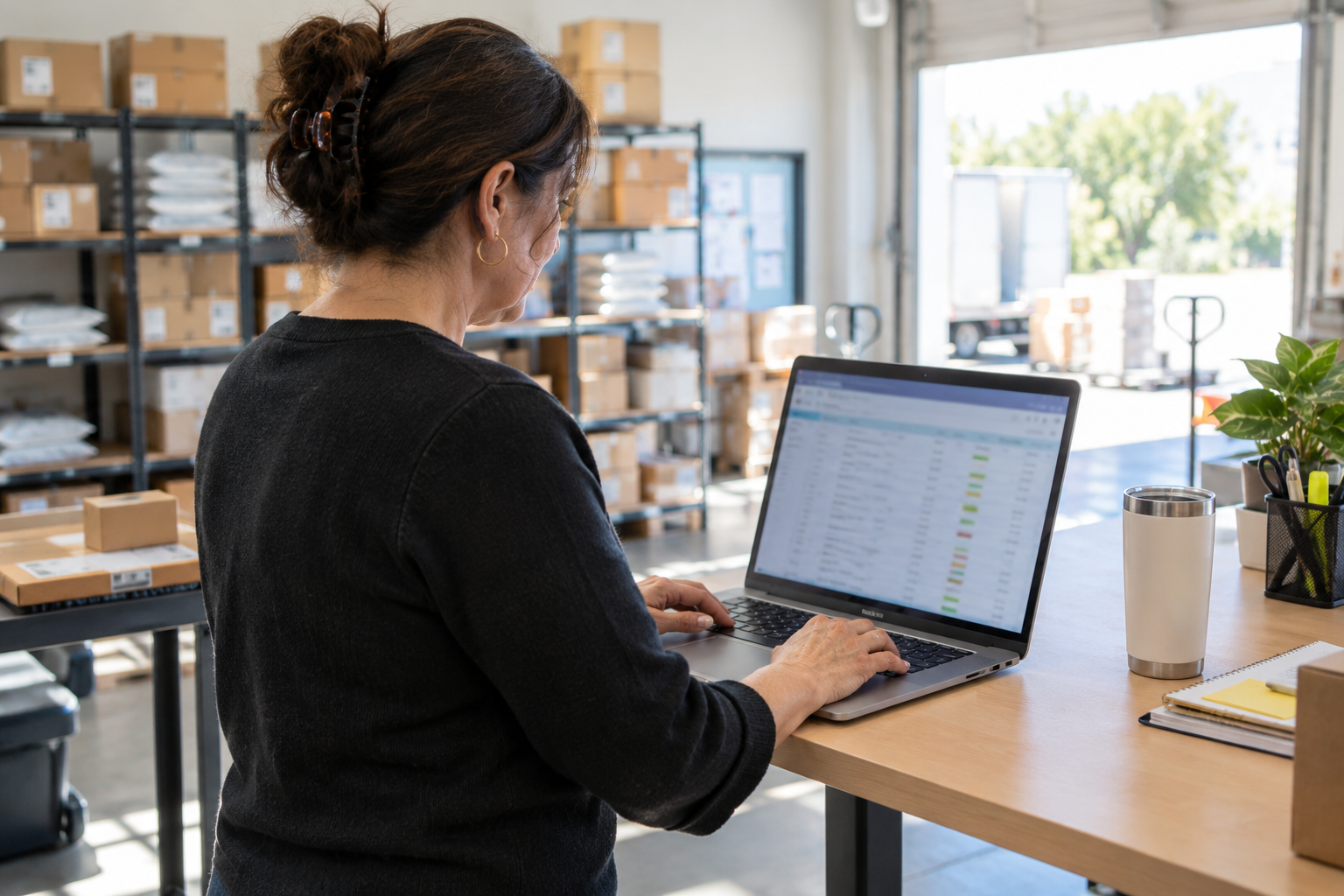 Operations manager filtering online orders by state on a laptop