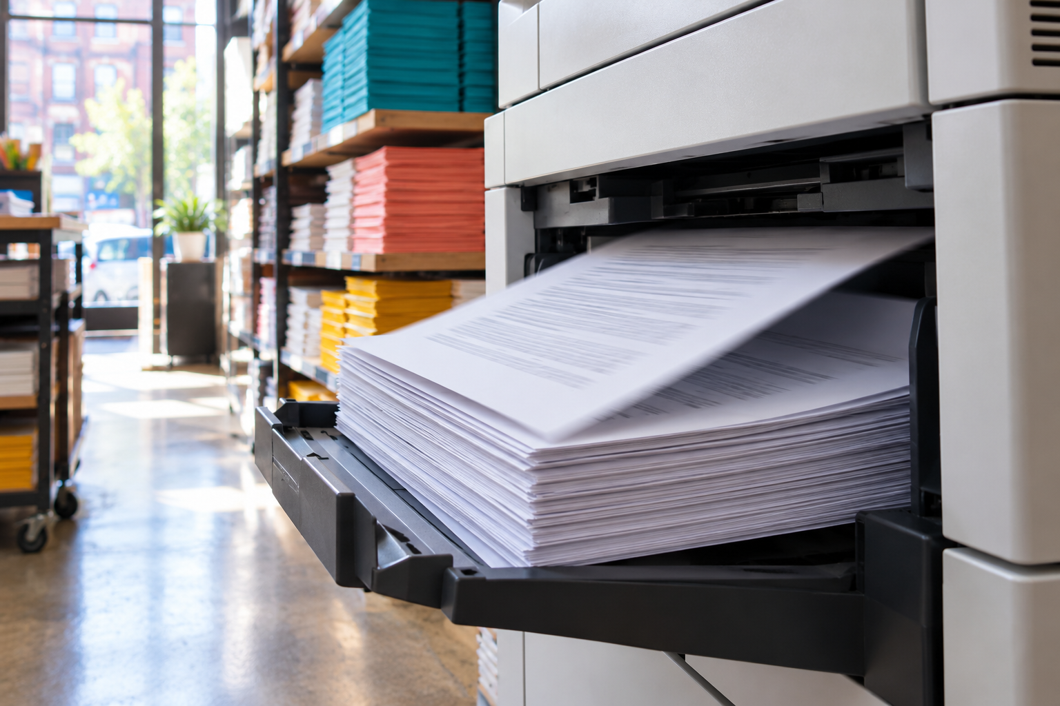 Copier printing a stack of identical pages in a print shop
