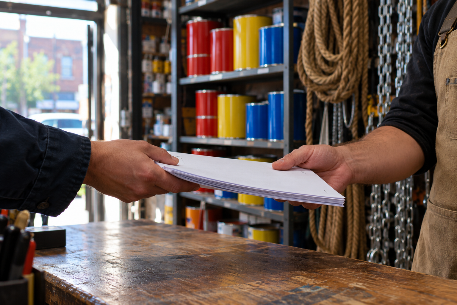 Court papers being handed across a hardware store counter