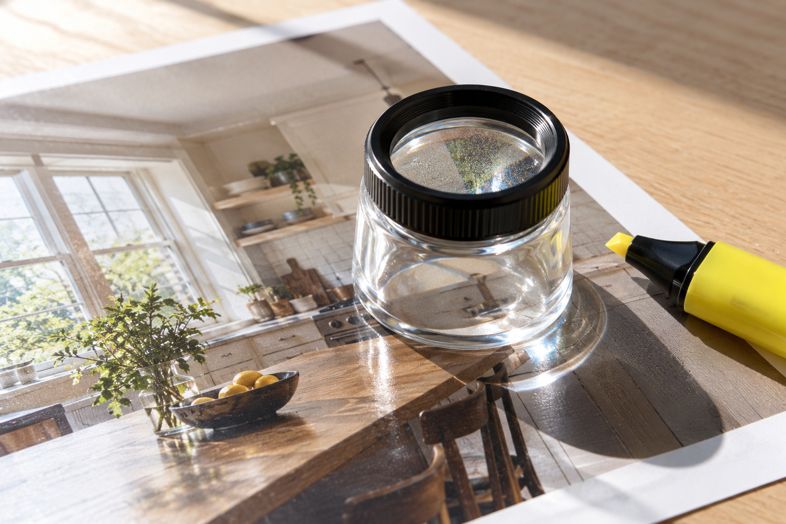 Photo loupe resting on a printed photograph beside a yellow highlighter