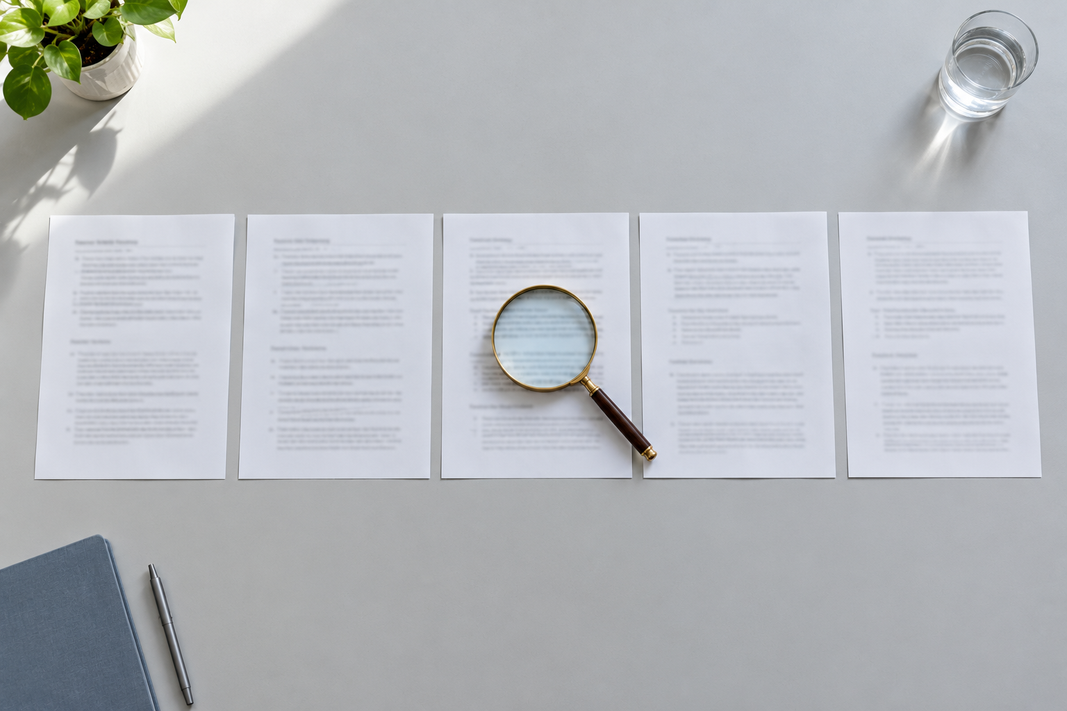 Magnifying glass over a row of nearly identical printed pages