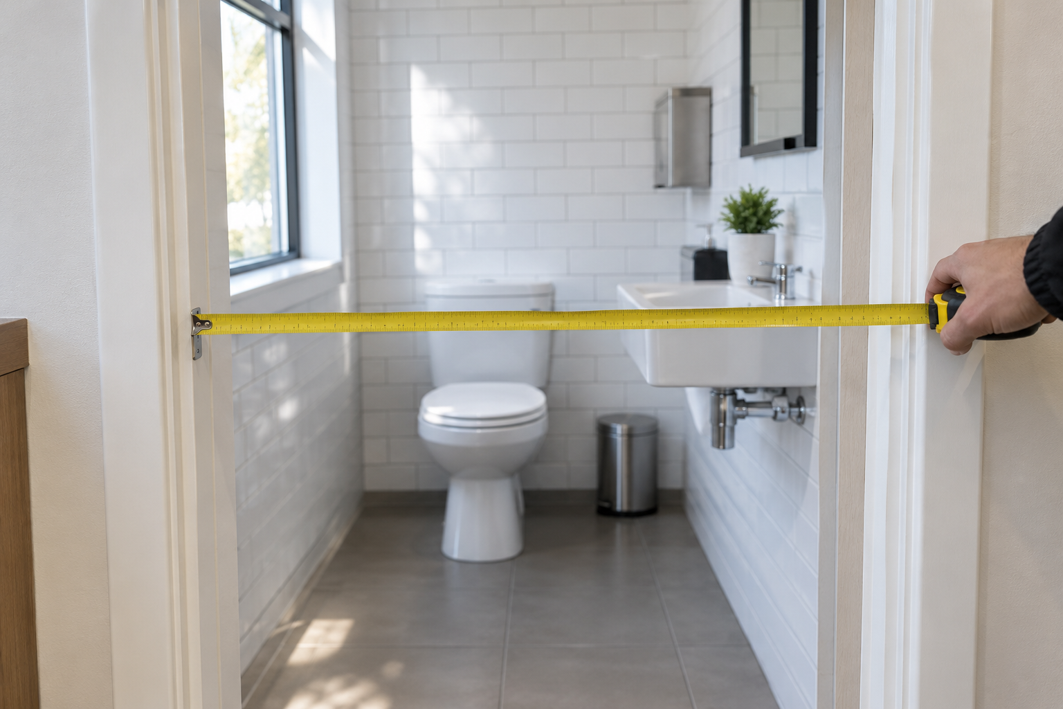 Hand measuring a restroom doorway with a yellow tape measure
