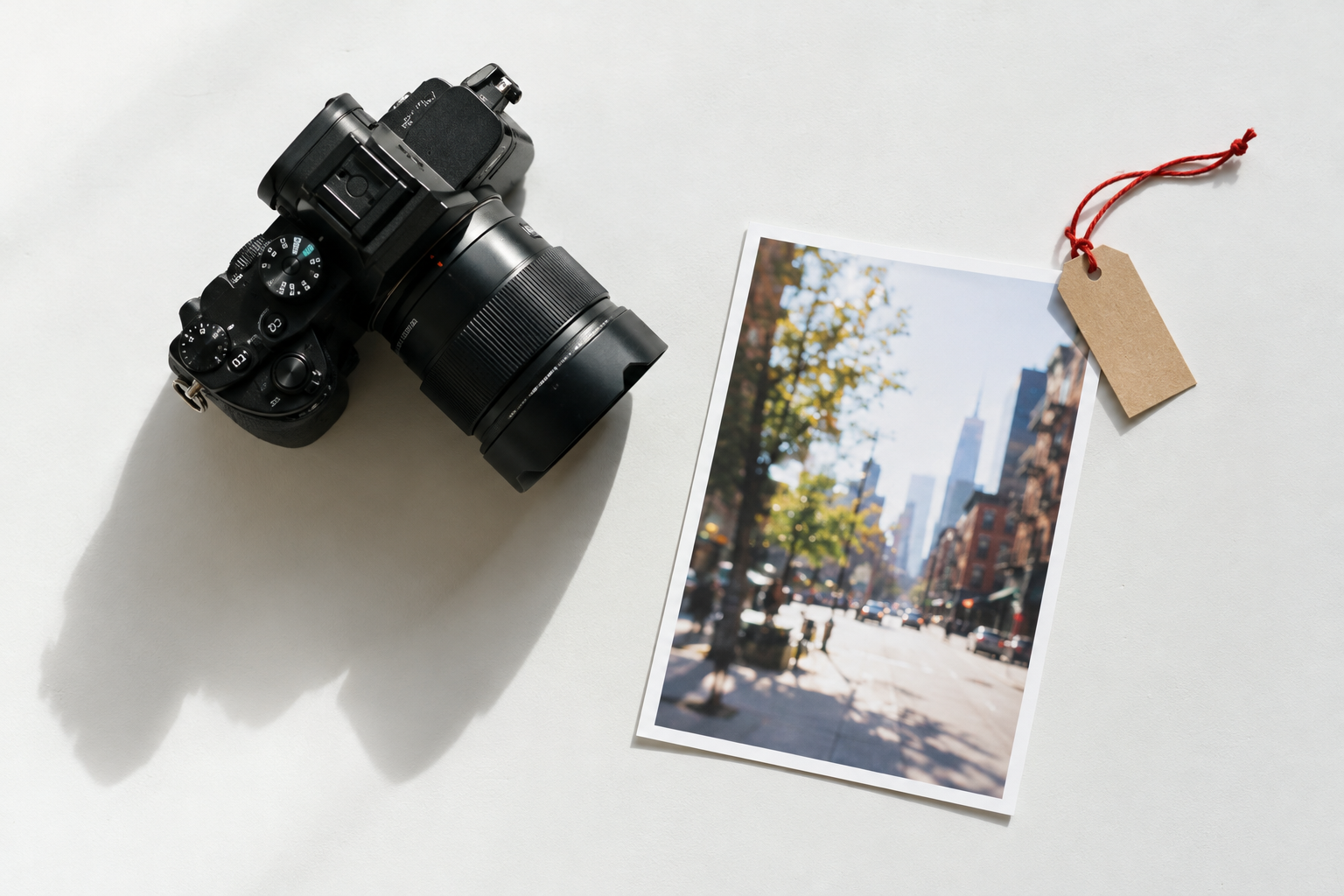 Professional camera beside a printed photograph with a blank paper tag