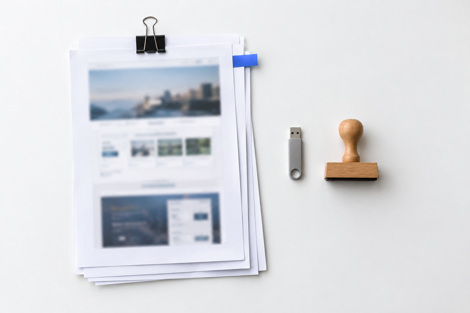 Clipped printouts, a USB drive and a rubber stamp on a white desk