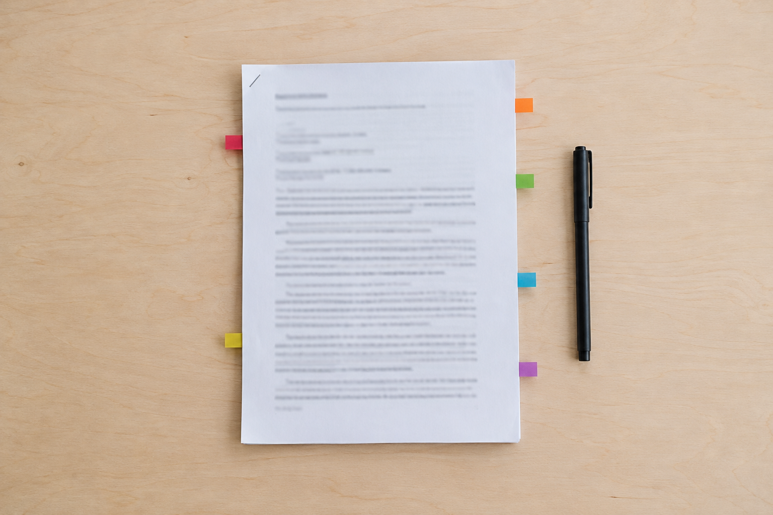 Complaint marked with six colored sticky flags on a wooden desk