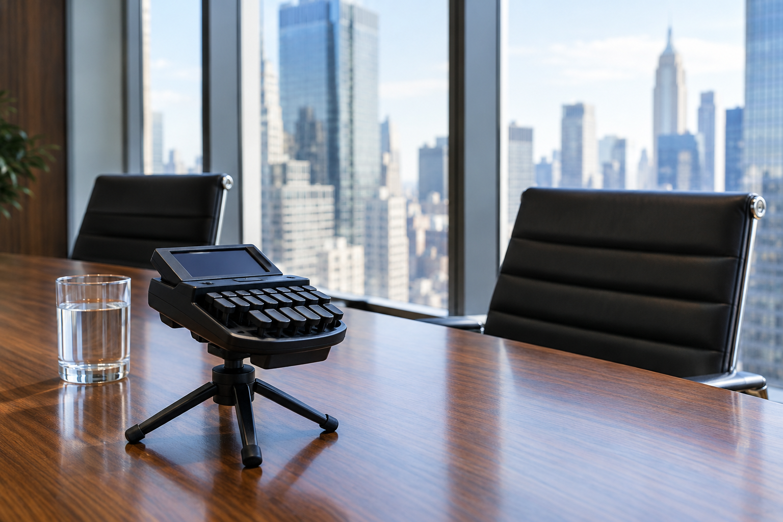 Court reporter's stenotype machine on a conference table in Midtown